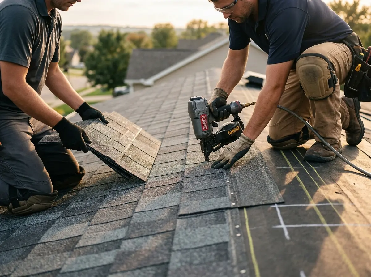Professional roofer working on a residential roof in Camillus